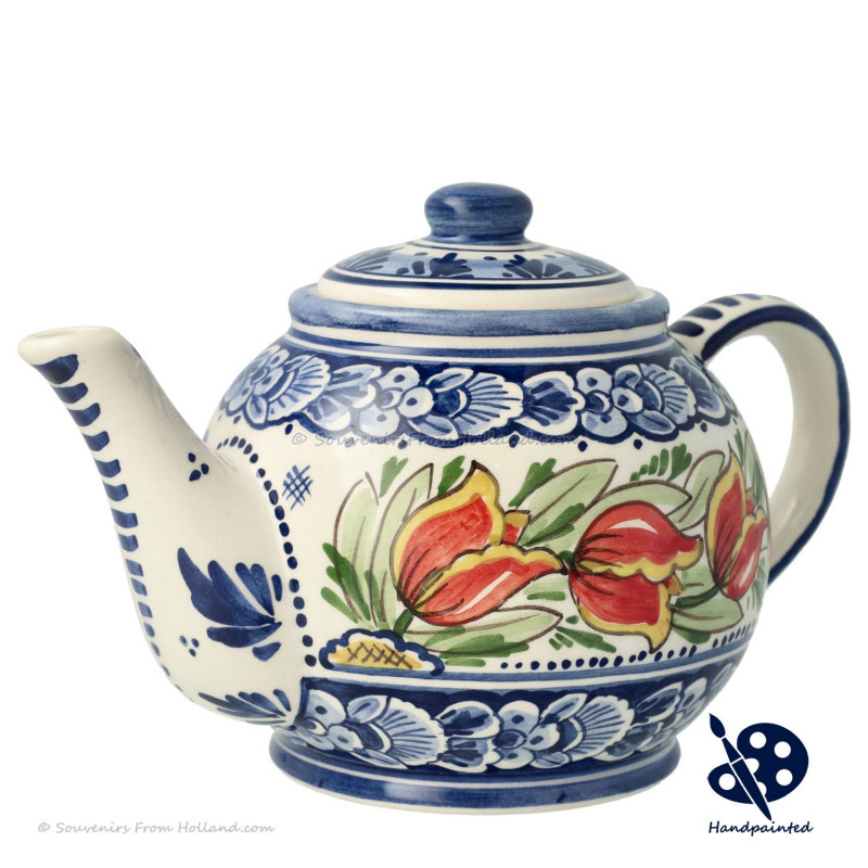 Teapot Orange Tulips - Hand painted Delft Blue