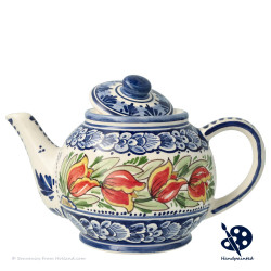Theepot Oranje Tulpen - Handgeschilderd Delfts Blauw