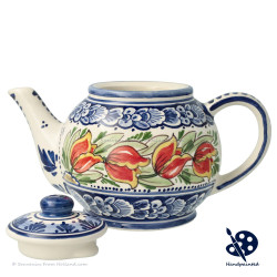 Teapot Orange Tulips - Hand painted Delft Blue