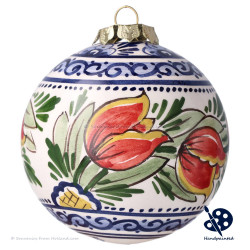 Kerstbal Rand Oranje Tulpen 8cm - Handgeschilderd Delfts Blauw