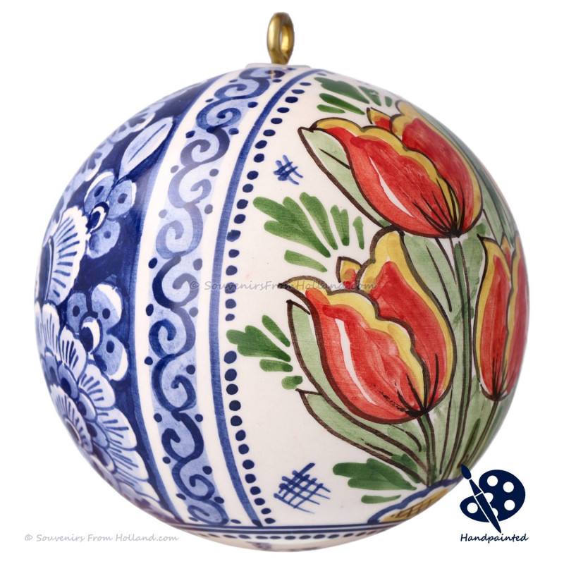 X-mas XL Ball 5 Tulips 10cm - Handpainted Delft Blue