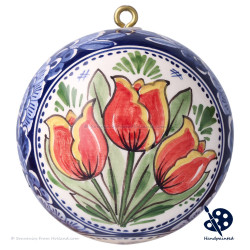 XL Kerstbal 3 Tulpen 10cm - Handgeschilderd Delfts Blauw