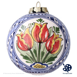 Kerstbal Oranje Tulpen 8cm - Handgeschilderd Delfts Blauw