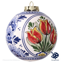 Kerstbal Oranje Tulpen 8cm - Handgeschilderd Delfts Blauw