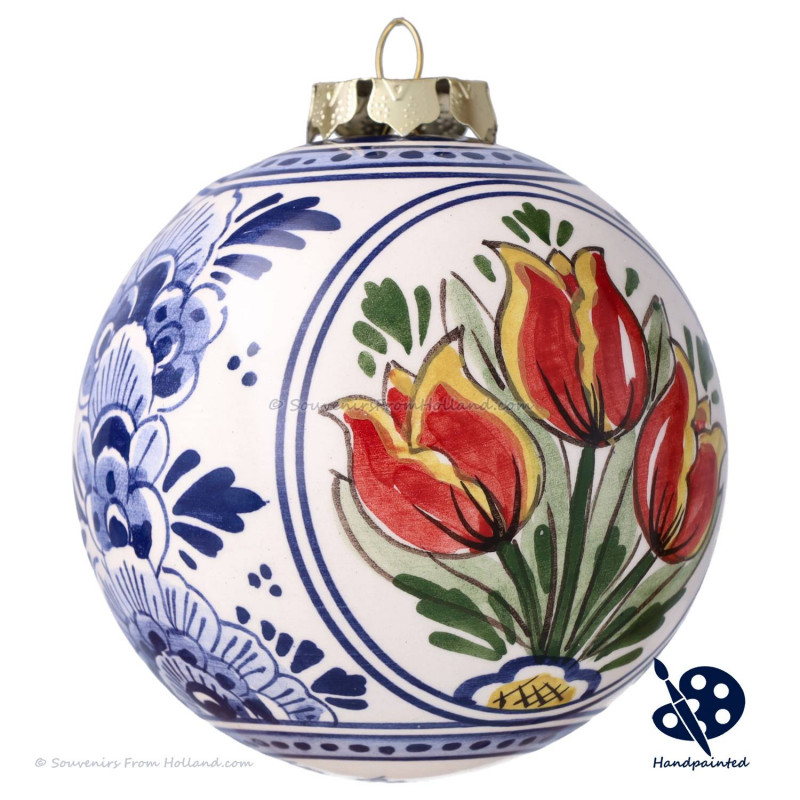 X-mas Ball Orange Tulips 8cm - Handpainted Delft Blue