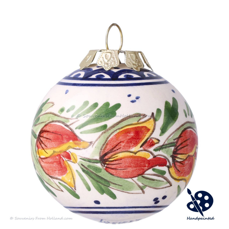 Kerstbal Tulpen Rand B 5cm - Handgeschilderd Delfts Blauw