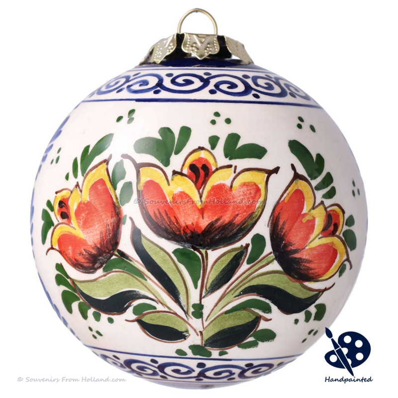 Kerstbal 3 Tulpjes C 8cm - Handgeschilderd Delfts Blauw