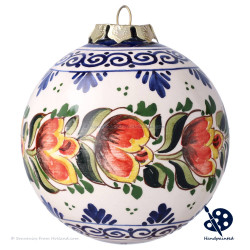 Kerstbal Tulpjes Rand B 8cm - Handgeschilderd Delfts Blauw