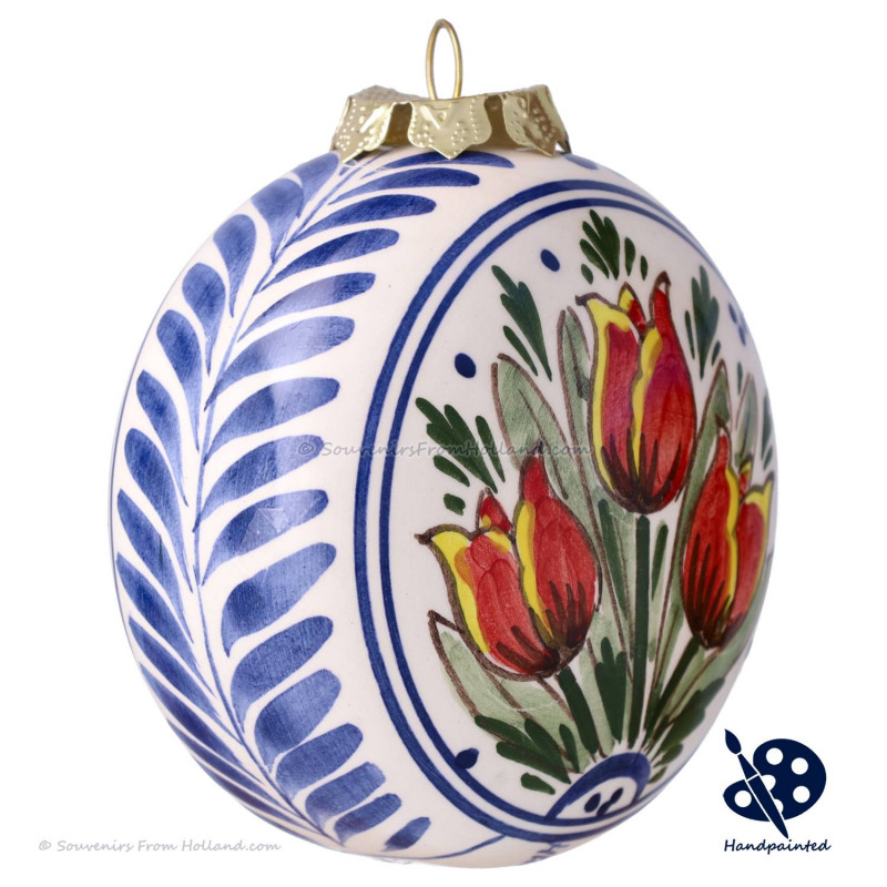 X-mas flat Ball Tulips Triple 8cm - Handpainted Delft Blue