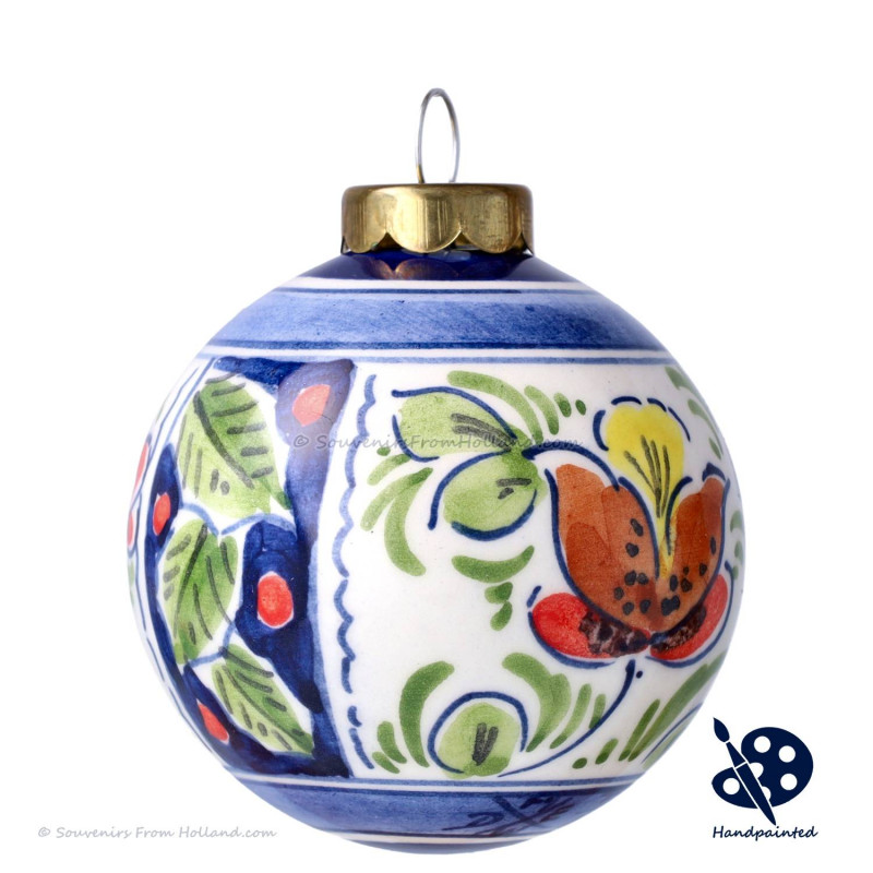 X-mas Ball 5cm - Flowers Holly - Handpainted Delftware
