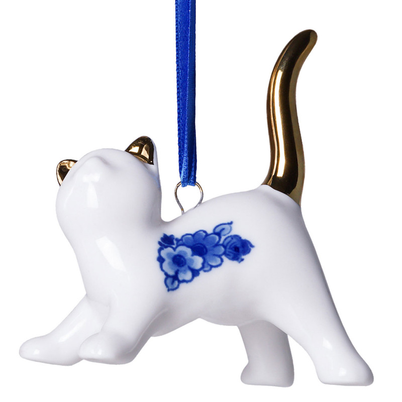 Speelse Kat Kersthanger Delfts Blauw met goud