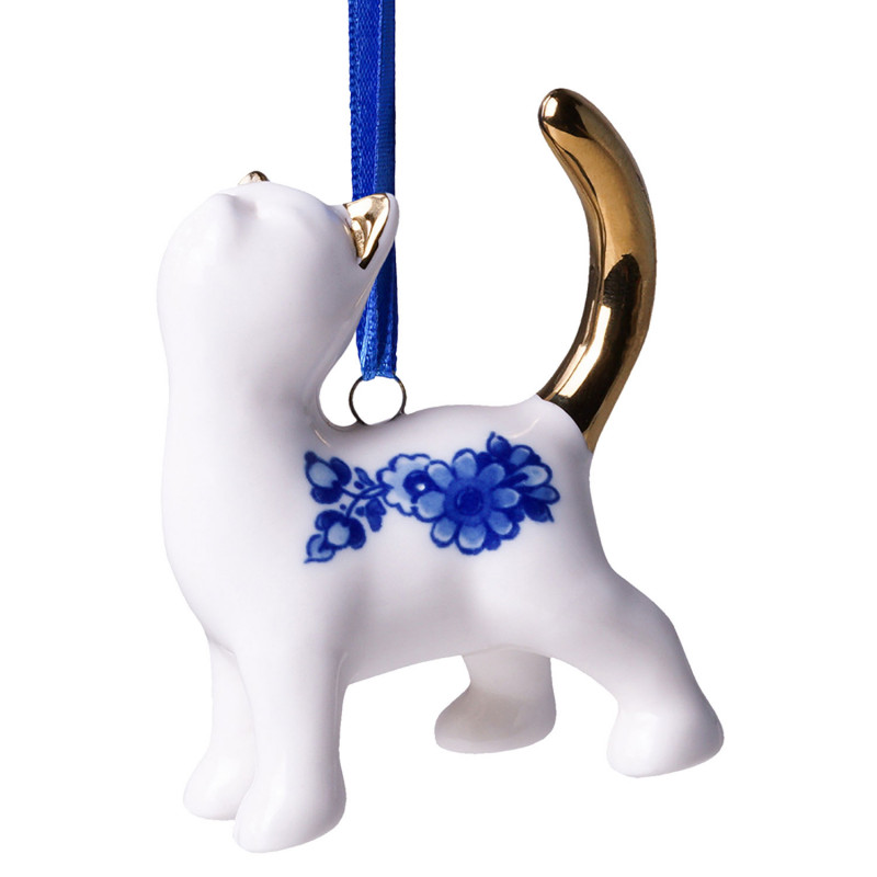 Begging Cat Christmas Pendant Delft Blue with Gold