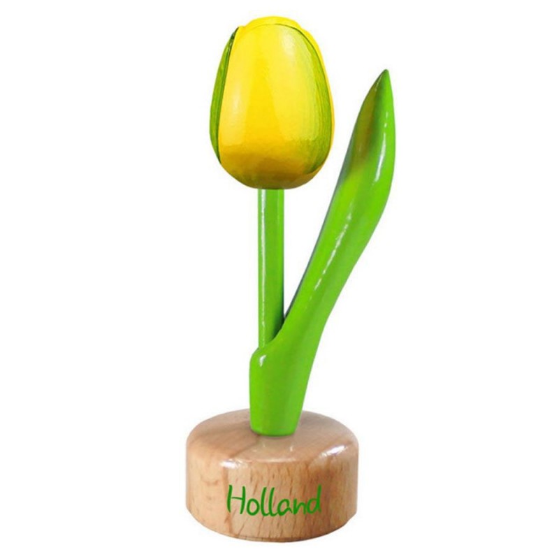 Geel Groen - Houten Tulip op voet 11.5cm