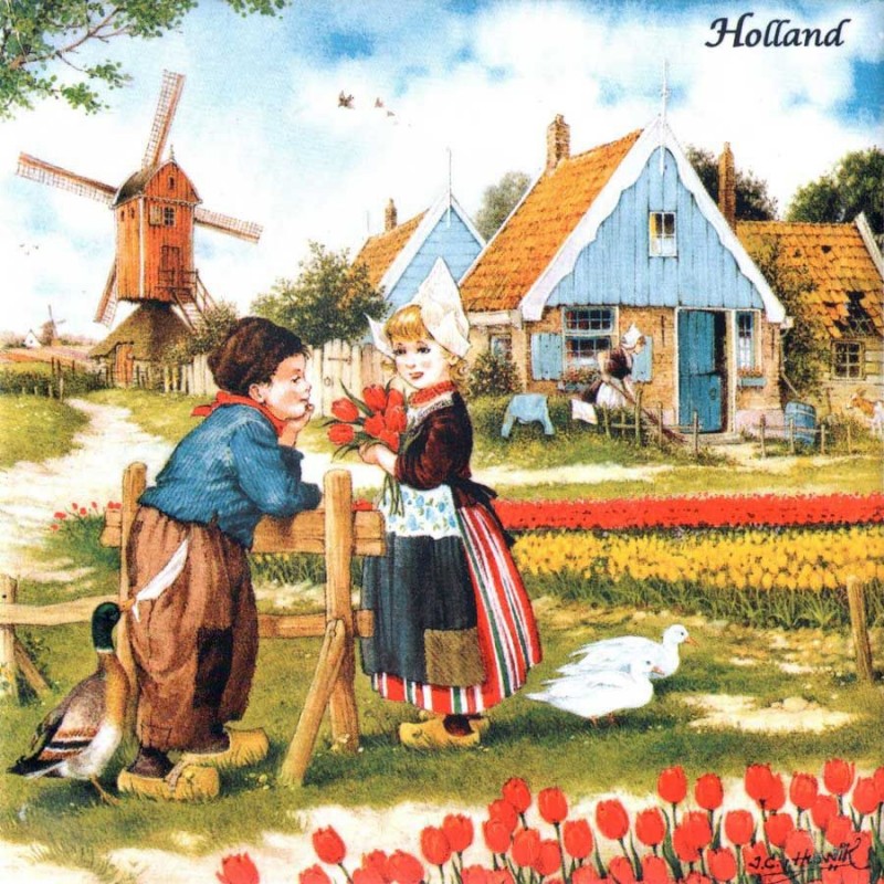Tulpen meisje en jongen - Tegel 15x15cm - Kleur