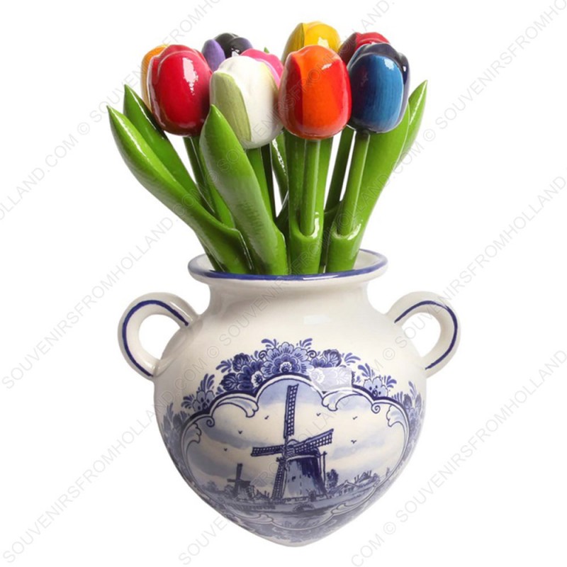 Wooden Tulips in Delft Blue Wall Vase