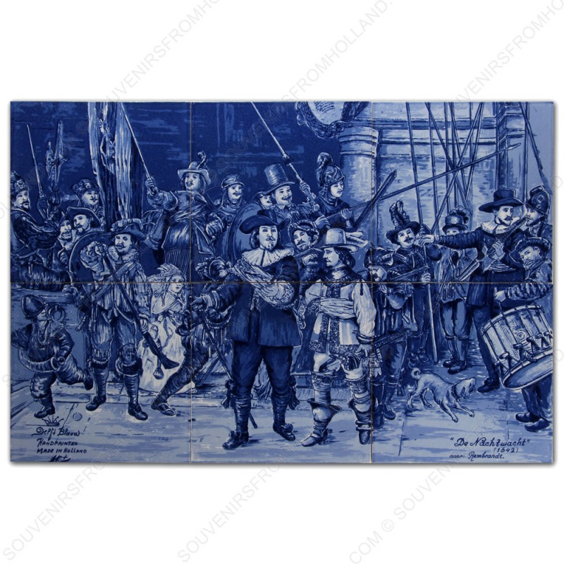 Nachtwacht Rembrandt - Delfts Blauw Tegeltableau - set van 6 tegels