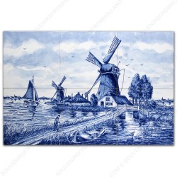Landscape Windmill 50 - Delft Blue Tile Panel - set of 6 tiles
