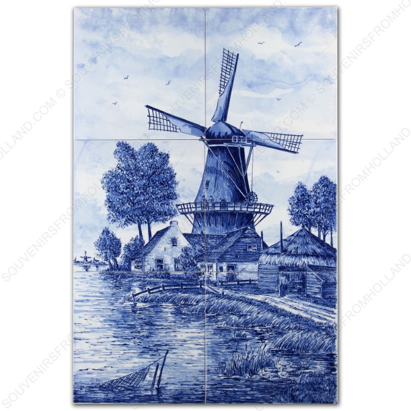 Landscape Windmill 46 - Delft Blue Tile Panel - set of 6 tiles