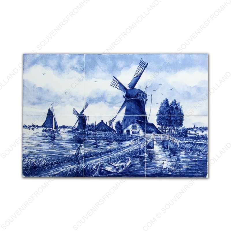 Landscape Windmill 50 small - Delft Blue Tile Panel - set of 6 tiles