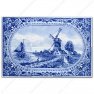 Landscape Windmill 50 small border - Delft Blue Tile Panel - set of 6 tiles