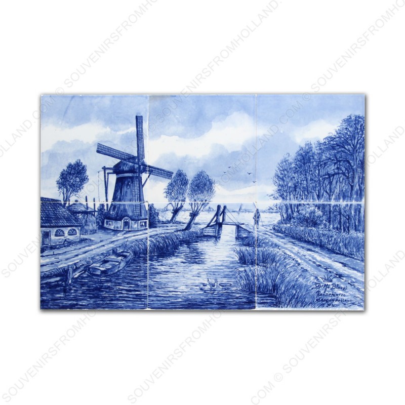 Landscape Windmill 1 - small Delft Blue Tile Panel - set of 6 tiles