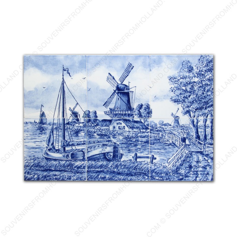Landscape Windmill 74 - small Delft Blue Tile Panel - set of 6 tiles