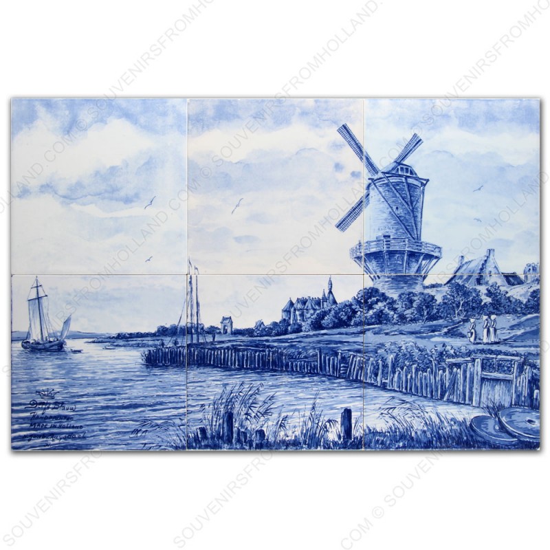 Landscape Windmill Ruysdael - Delft Blue Tile Panel - set of 6 tiles