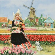 Girl in Tulip field - Tile 15x15 cm - Color