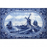Landscape Windmill 50 border - Delft Blue Tile Panel - set of 6 tiles