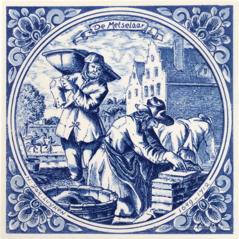 The Bricklayer Mason - Jan Luyken professions tile - Delft Blue