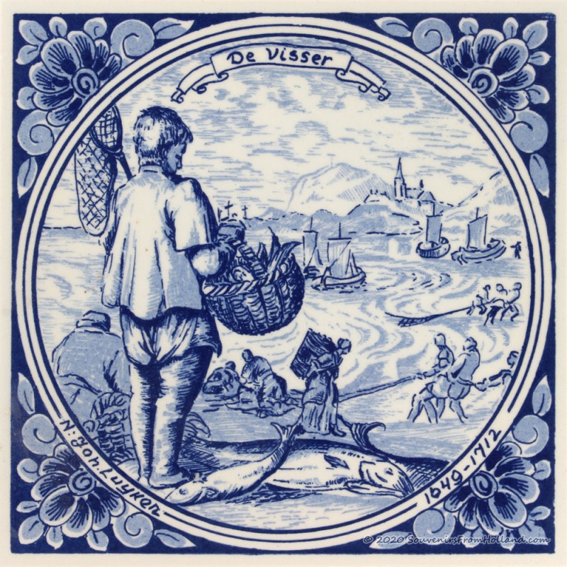The Fisherman - Jan Luyken professions tile - Delft Blue