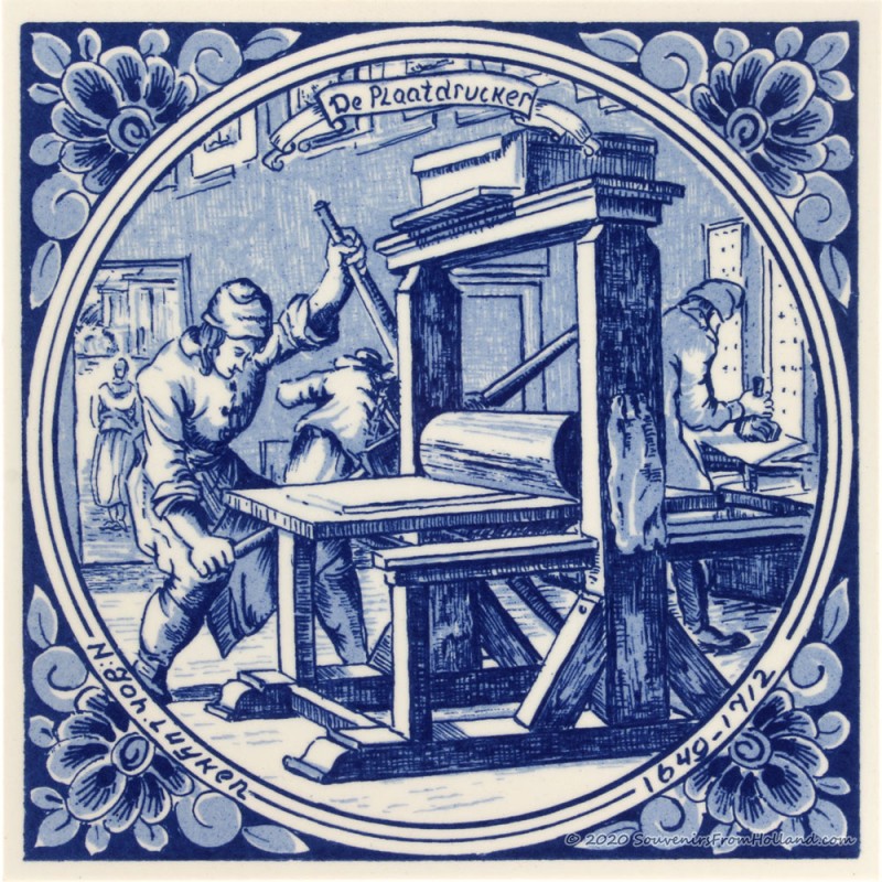 The Copperplate Printer - Jan Luyken professions tile - Delft Blue