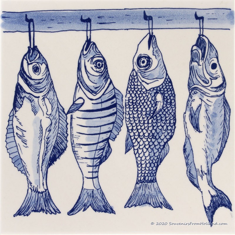 4 Fish on a hook - Tile 15x15cm - Delft Blue