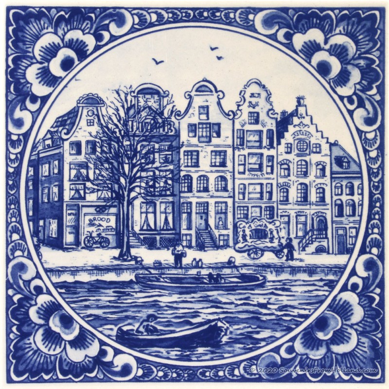 Amsterdam Canal Houses with border - Delft Blue Tile 15x15 cm