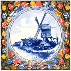 Windmill with Colored Border - Delft Blue Tile