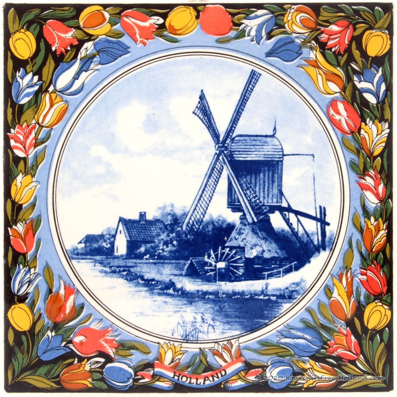 Mantel karakter Duidelijk maken Molen met gekleurde Rand - Delfts Blauwe Tegel - Tegels • Souvenirs from  Holland