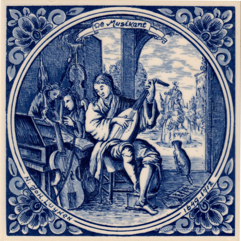The Musician - Jan Luyken professions tile - Delft Blue