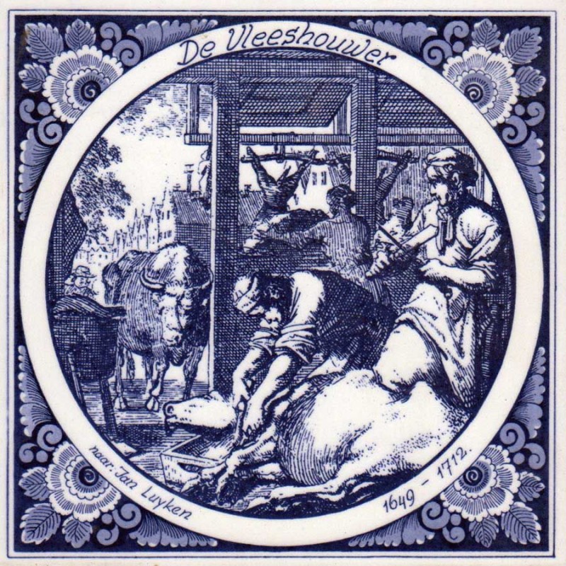 The Butcher - Jan Luyken professions tile - Delft Blue