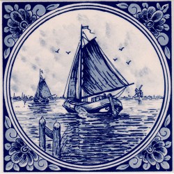 Dutch boat with Round Border - Delft Blue Tile