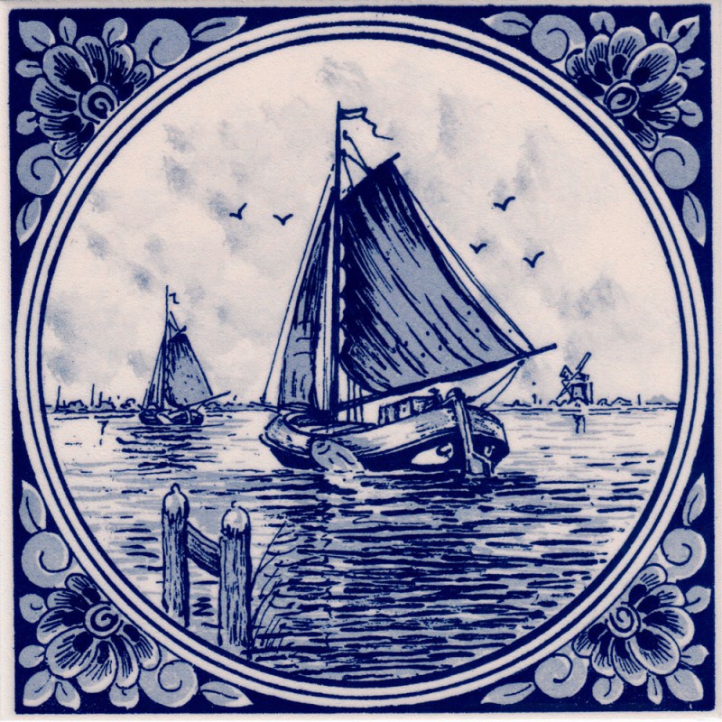 Dutch boat with Round Border - Delft Blue Tile