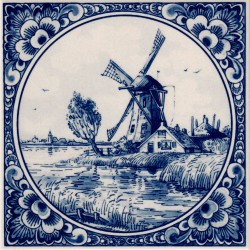 Dutch Farm with Windmill Round Border - Delft Blue Tile