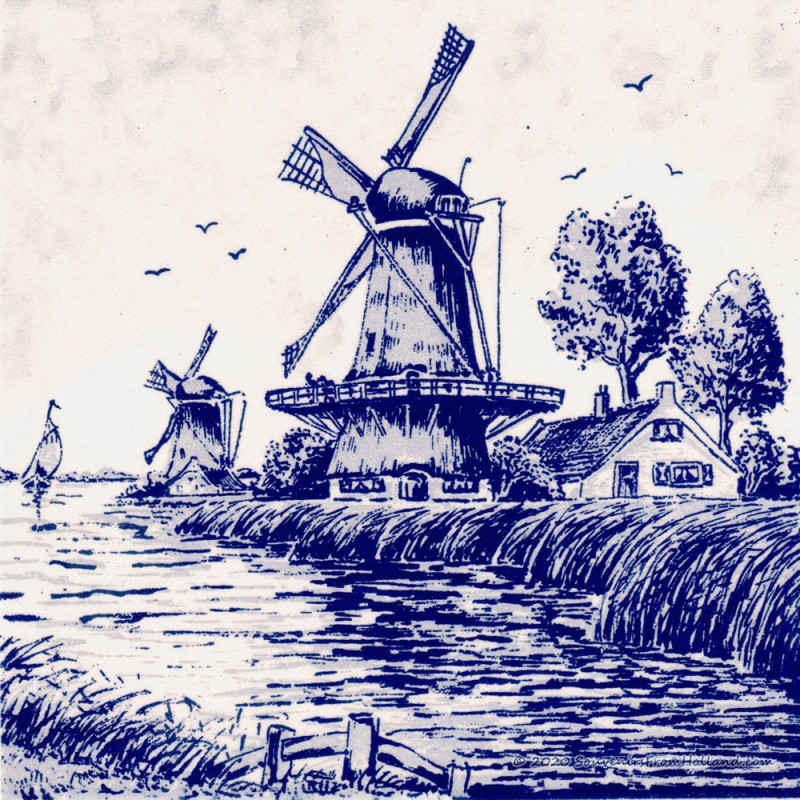Windmills at the waterfront - Delft Blue Tile
