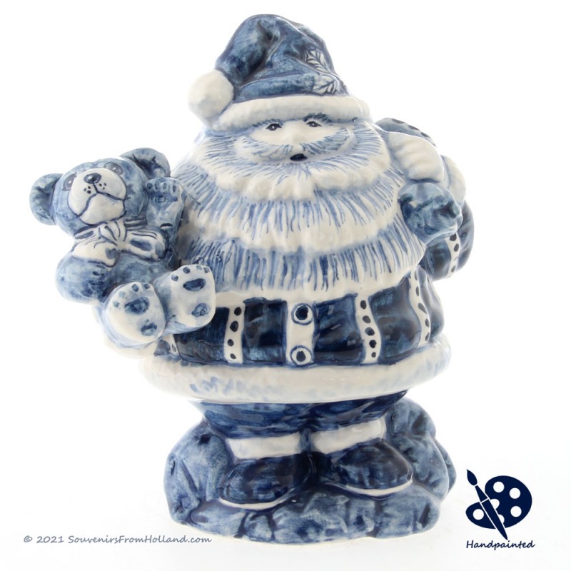 Kerstman met Teddybeer - Handgeschilderd Delfts Blauw