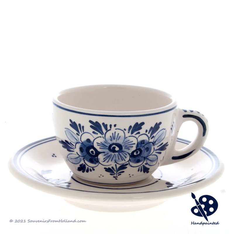 Cup and Saucer Floral decor - Hand painted Delft Blue