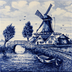 Windmills at the waterfront - Delft blue Tile 15x15cm