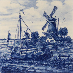 Boat with a Windmill - Delft Blue Tile