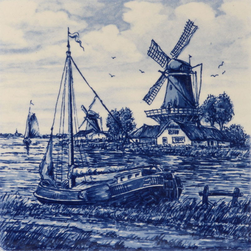 Boot met een molen - Delfts Blauwe Tegel