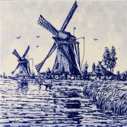 Two Windmills - Delft blue Tile 15x15cm