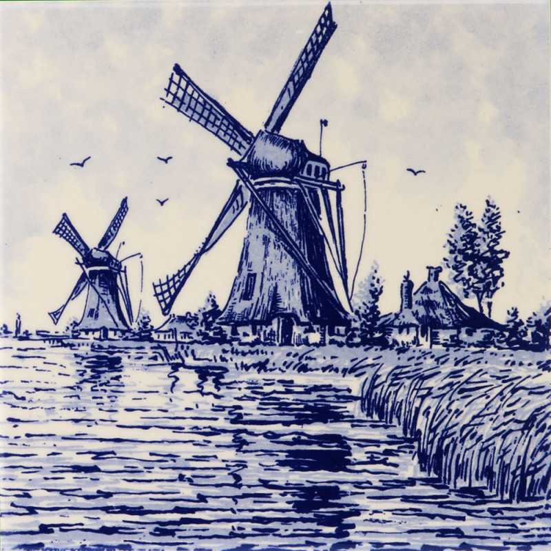 Two Windmills - Delft blue Tile 15x15cm