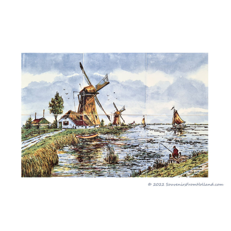 Landscape Windmill 48 Polychrome - small Delft Tile Panel - set of 6 tiles